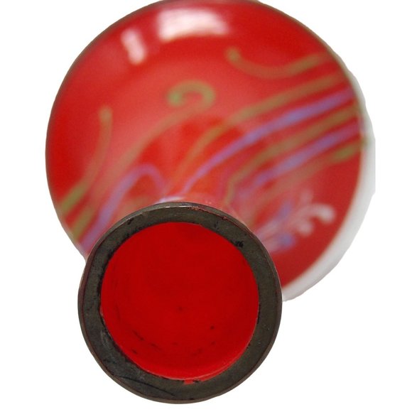 Vintage Hand Blown Red Glass Vase with Hand Painted Enamel Flowers & Cased Metal - Picture 7 of 10